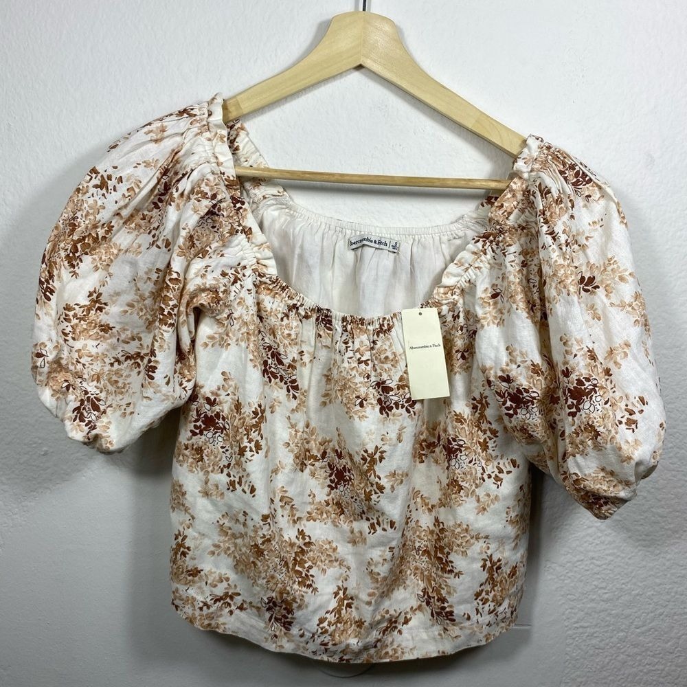 NWT Abercrombie Women's Small Top Puff Sleeve Crop Floral Cottagecore Boho Beach